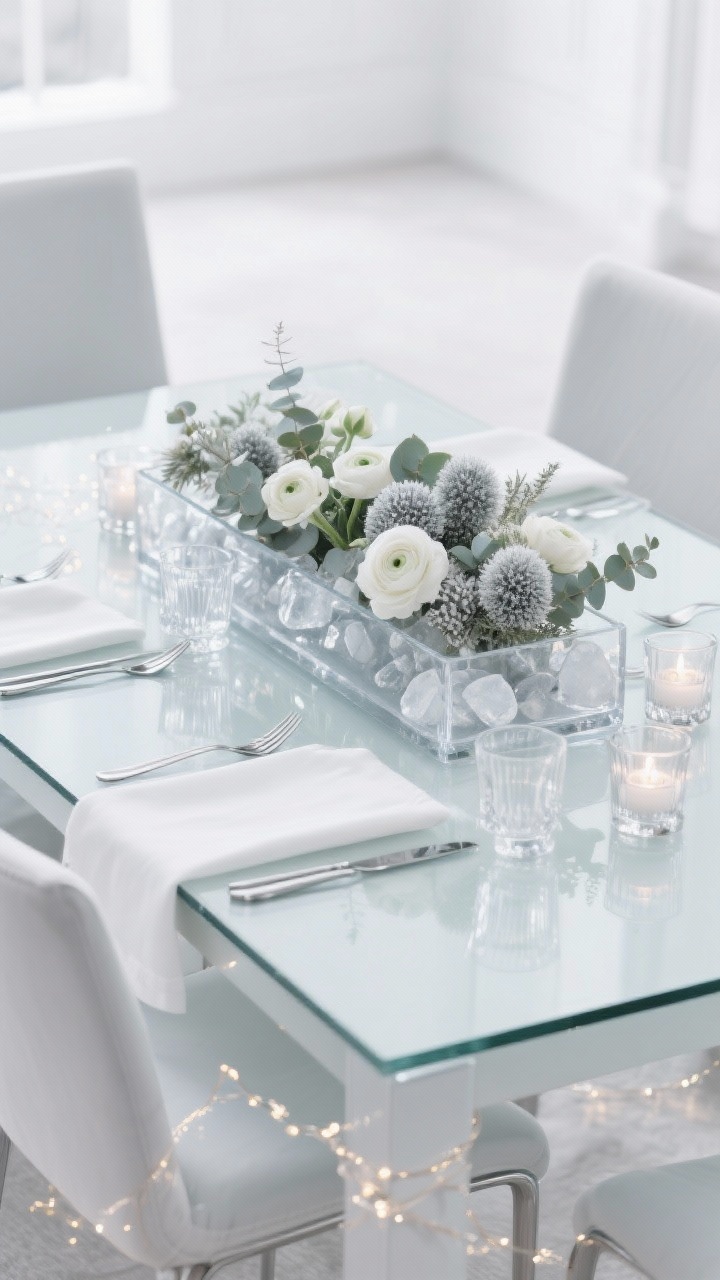 Medium shot: A sleek frosted winter garden centerpiece on a glass or high-gloss lacquered dining table with white linen; a clear glass trough vase filled with silver brunia, white ranunculus, eucalyptus, dusty miller, and clear acrylic “ice” stones; frosted glass votives and polished chrome flatware; chairs in pale gray or white; crystalline string lights woven subtly through the arrangement; cool lighting with an airy, luminous feel; palette of icy whites, soft gray, silvery greens; photorealistic, three-quarter angle.