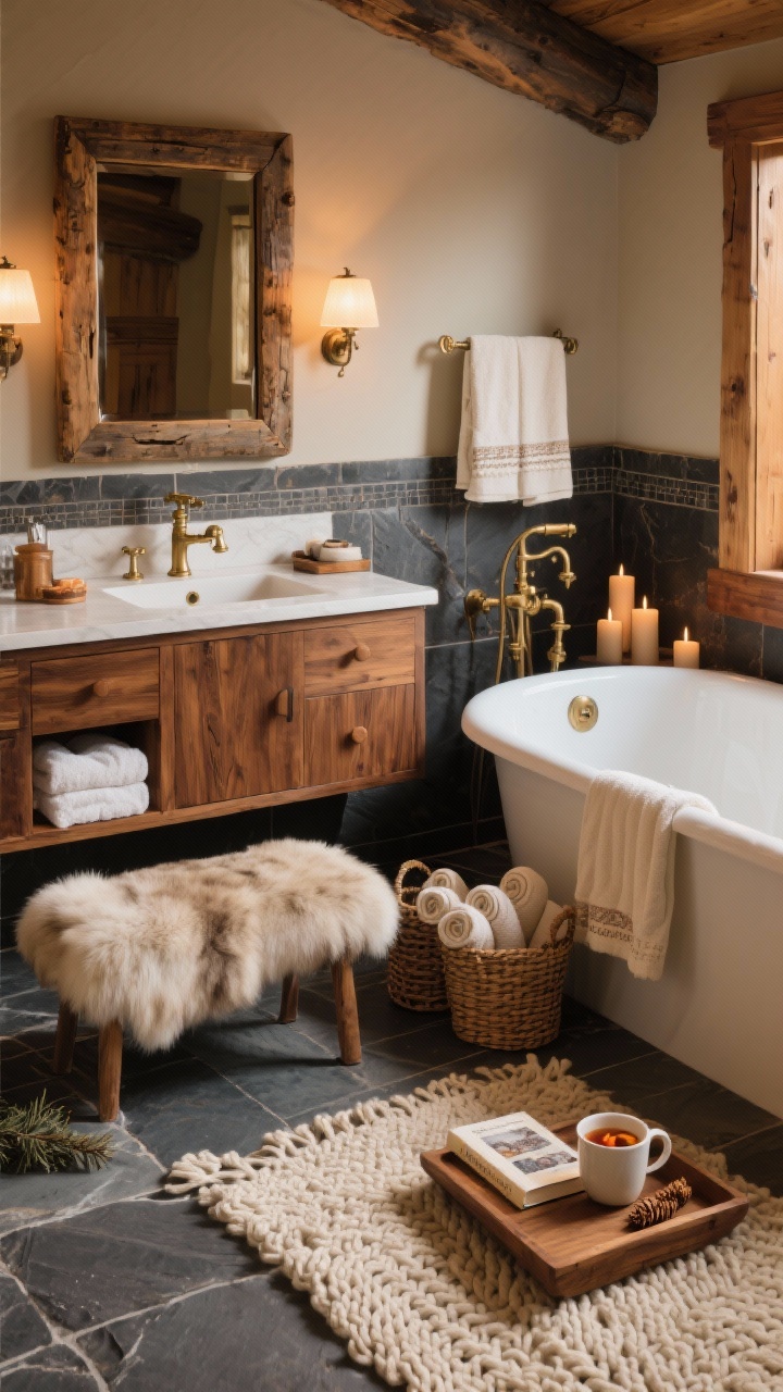 Medium shot: An Alpine Lodge Retreat vanity zone featuring a walnut vanity, rustic framed mirror, and antique brass fixtures beside a deep soaking tub with a wooden bath tray holding a mug of mulled tea and a novel. Color story of caramel, cinnamon, charcoal, and cream. Accents include Turkish cotton towels in warm ivory, a chunky knit bath rug, a faux-fur bench, cedar-scented candles, and woven baskets with rolled towels. Slate or honed stone floor grounds the scene; warm, cozy lodge lighting, corner angle, photorealistic.