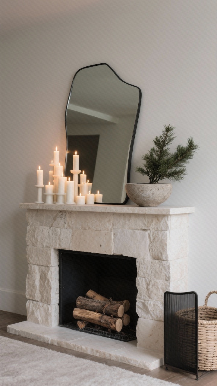 Medium shot — Candlelit Minimal Mantelscape: Photorealistic fireplace mantel styled sparingly: a large asymmetrical mirror leaning slightly, a cluster of warm white pillar candles in matte holders at staggered heights, and a single stone bowl off to one side. One evergreen clipping adds life; at the hearth, a neutral log basket and a slim black screen. Palette of stone, ivory, with black accents; textures of wax, raw ceramic, smooth mirror; candlelit evening ambiance; straight-on mantel view.