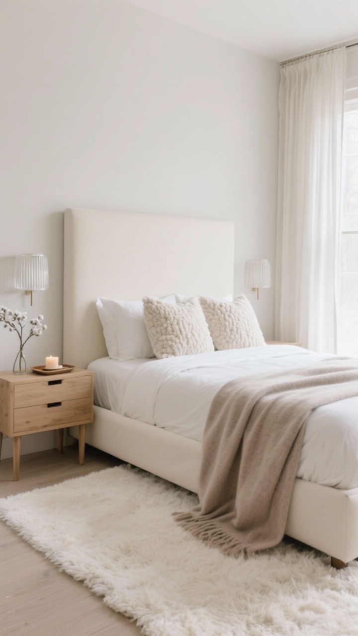 Medium shot — Cashmere Cream Bedroom: Serene bedroom centered on a cream upholstered bed with a tall headboard layered with flax linen sheets, a cashmere throw at the foot, and two sculptural bouclé pillows. Flanking slim natural-wood nightstands with hidden hardware, each with a ribbed glass sconce casting soft hotel-like light. Minimal styling: a small tray, candle, and a single winter floral stem; thick-pile ivory wool rug visible underfoot; floor-sweeping sheer linen curtains diffusing winter sun; palette of cream on cream, soft taupe, milky whites; corner-angle view.