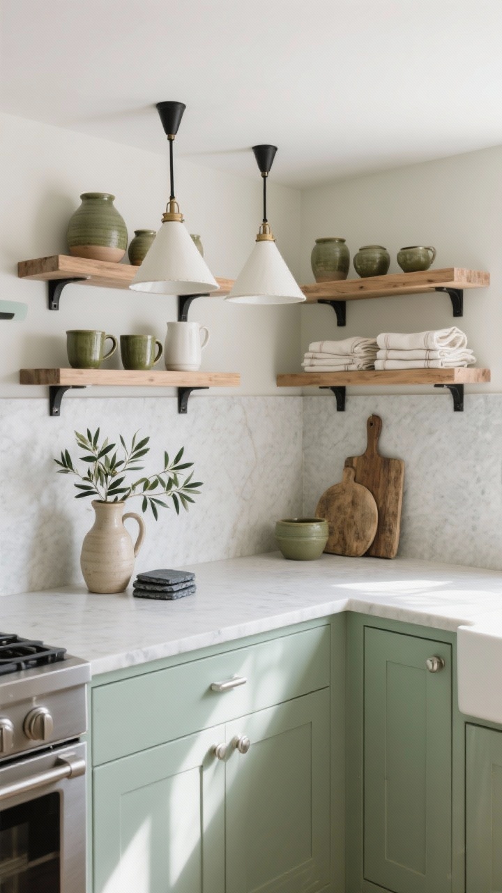 Medium shot, corner angle: A serene sage-and-stone kitchen with soft sage flat-panel cabinets, light stone countertops, and a seamless solid slab backsplash. Brushed nickel hardware contrasts subtly; an alternative view shows matte black pulls. Open oak shelves display olive-toned pottery, weathered cutting boards, hand-thrown mugs, and neatly folded linen napkins. White or linen-shaded cone pendants provide gentle overhead light. Include olive branches in a ceramic jug and slate coasters on the counter. Photorealistic, bright natural daylight with soft shadows.