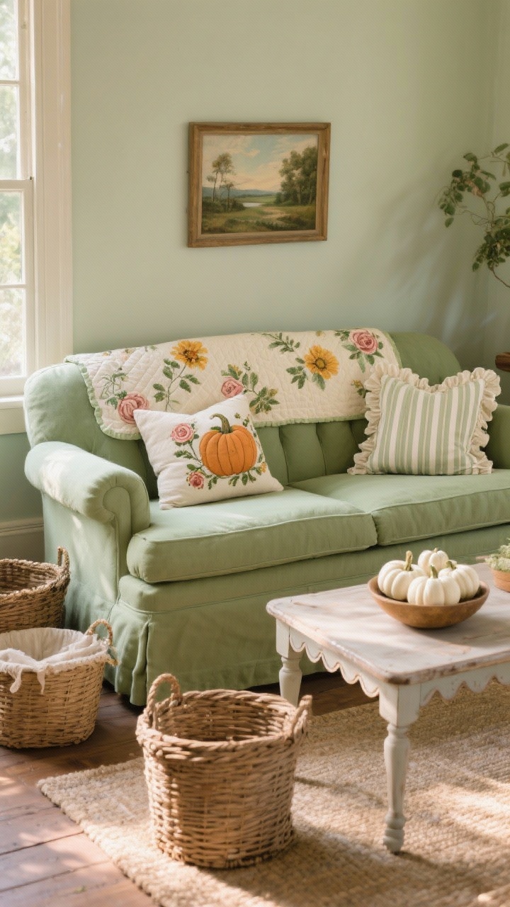 Medium shot, cottagecore sitting area: soft sage green loveseat dressed with botanical print pillows (muted marigolds and faded roses), a pumpkin-embroidered accent pillow, and a ruffled ticking stripe pillow; woven baskets on the floor, scalloped-edge side table with a small framed landscape painting on the wall above; vintage quilt folded over the back of the loveseat; coffee table with a bowl of mini white pumpkins; palette of sage, marigold, rose, cream; textures of cotton, quilted, ruffled, wicker; warm afternoon light, photorealistic, no people.