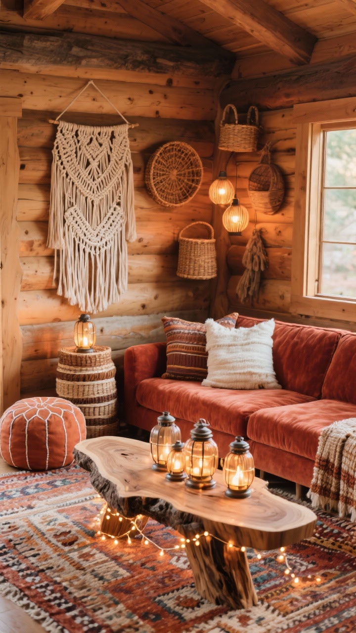 Medium shot, cozy boho cabin lounge: low rust velvet sofa with mixed woven Moroccan rug in warm neutrals, stacked pouf corner, macrame wall hangings and rattan baskets, chunky live-edge coffee table with organic silhouette, string of fairy lights and clustered lanterns creating a soft glowing cocoon, palette rust, terracotta, cream, walnut, handwoven textures and natural wood edge, inviting warmth.