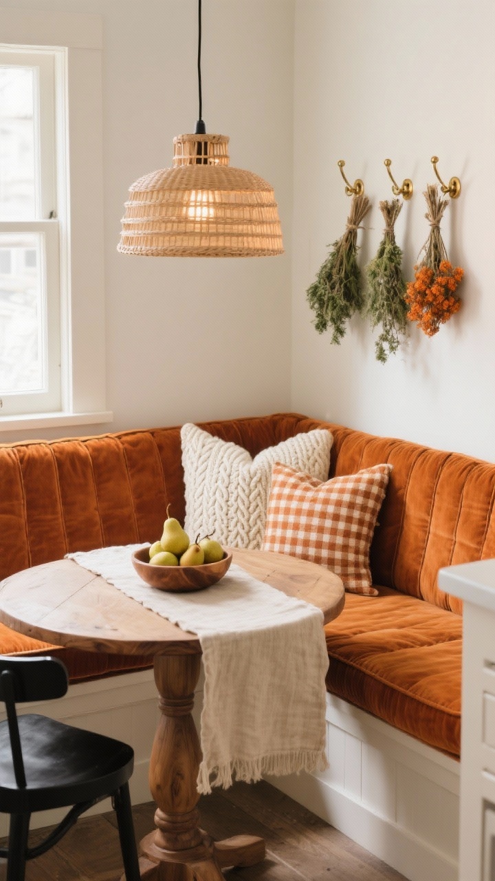 Medium shot, cozy kitchen breakfast nook: built-in bench seating layered with pumpkin-colored corduroy pillows, ivory cable-knit cushions, and a small gingham lumbar; round oak pedestal table with a natural linen runner and a wood bowl filled with pears; overhead rattan pendant casting warm, diffuse light; nearby wall with brass hooks holding dried herb bundles; palette of pumpkin, ivory, oat, soft black; textures of corduroy, cable knit, linen, rattan; photorealistic, no people.