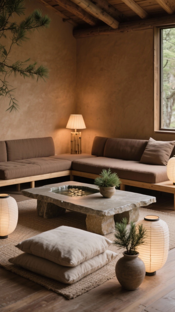 Medium shot, earthy zen cabin retreat: clay-toned walls, low platform sofa in warm taupe, stone-top coffee table with smooth honed finish, layered floor cushions, potted evergreens bringing soft olive tones, simple tabletop water feature gently rippling, rice paper lanterns and ribbed ceramic lamps casting soft, diffused light, materials linen, stone, bamboo, ceramic, serene and grounded mood.