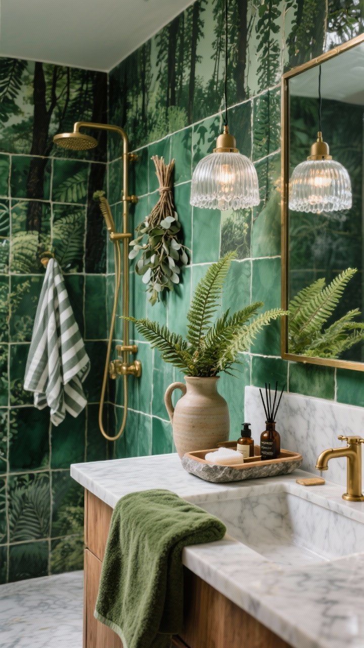 Medium shot: Evergreen Forest Spa shower and vanity corner with emerald/sage zellige tiles creating a forest-tiled focal wall, warm brass fixtures, and a marble or quartz vanity top. A fluted glass pendant twinkles like frost. Greenery: a potted fern on the vanity, cedar cuttings in a ceramic jug, and eucalyptus bundles hung for steamy aromatherapy. Textiles include a moss-colored bath sheet and striped linen hand towel. Cedar bath caddy, forest-scented diffuser, and a stone tray for bath oils arranged neatly. Lush, grounded mood, photorealistic.