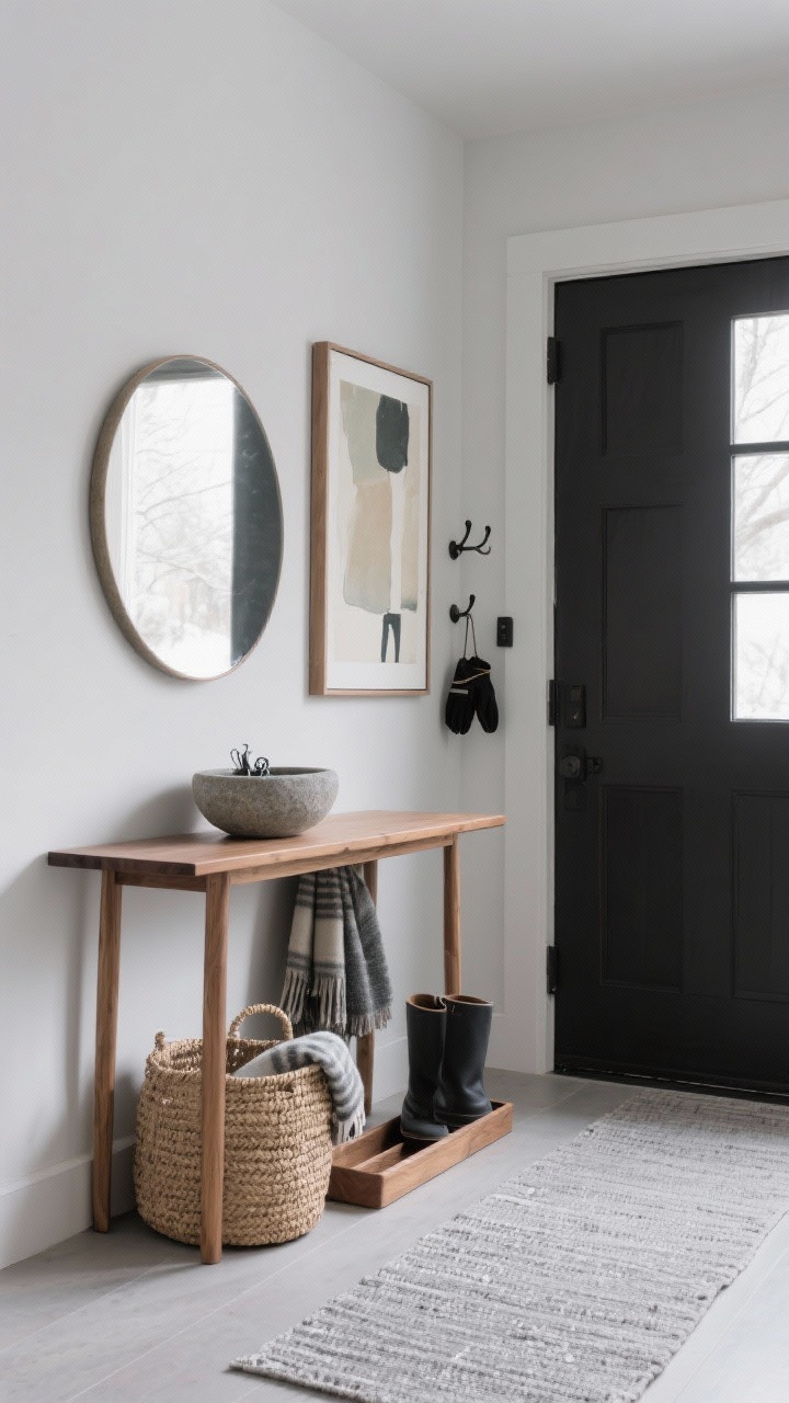Medium shot — Gallery-Quiet Entryway: Minimalist entry with a slim oak console, a round oversized mirror above, and a shallow stone bowl for keys; a woven seagrass basket tucked below for scarves and gloves. Floor shows a minimalist boot tray and a flatweave runner in soft gray; one tall abstract print in muted tones propped against the wall; three-peg hook rail with minimal items. Palette of oak, soft gray, stone, matte black; soft winter daylight; straight-on view.