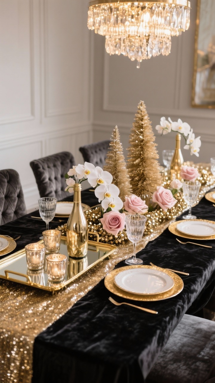 Medium shot: Gilded winter glam centerpiece on a charcoal velvet runner—low gold mirrored tray holding mercury glass votives, champagne-hued bottle brush trees, and a metallic garland weaving through; blush roses and/or white orchids nestled for softness; crystal stemware and gold-rimmed plates on the table; upholstered velvet or bouclé chairs; dramatic chandelier casting warm, sparkling light; neutral walls to let metallics shine; add smoked glass tumblers to ground the glitter; palette of gold, champagne, blush, charcoal; photorealistic, eye-level.