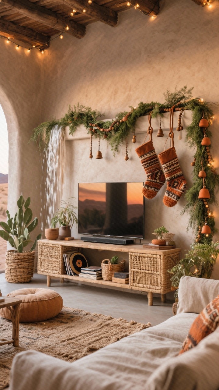 Medium shot, low angle for texture: A limewashed clay-toned taupe mantel with a TV softened by woven textures; an olive-and-cedar garland drapes and waterfalls off one side, threaded with wooden beads and terracotta bells; stockings in nubby bouclé and kilim patterns with leather loops; a low rattan console under the TV styled with baskets, records, and plants; jute-and-wool rug, floor cushions, and a soft linen sectional at the edge of frame; warm twinkle lights woven through greenery for a desert-at-dusk glow; palette of terracotta, olive, sand, burnt umber.