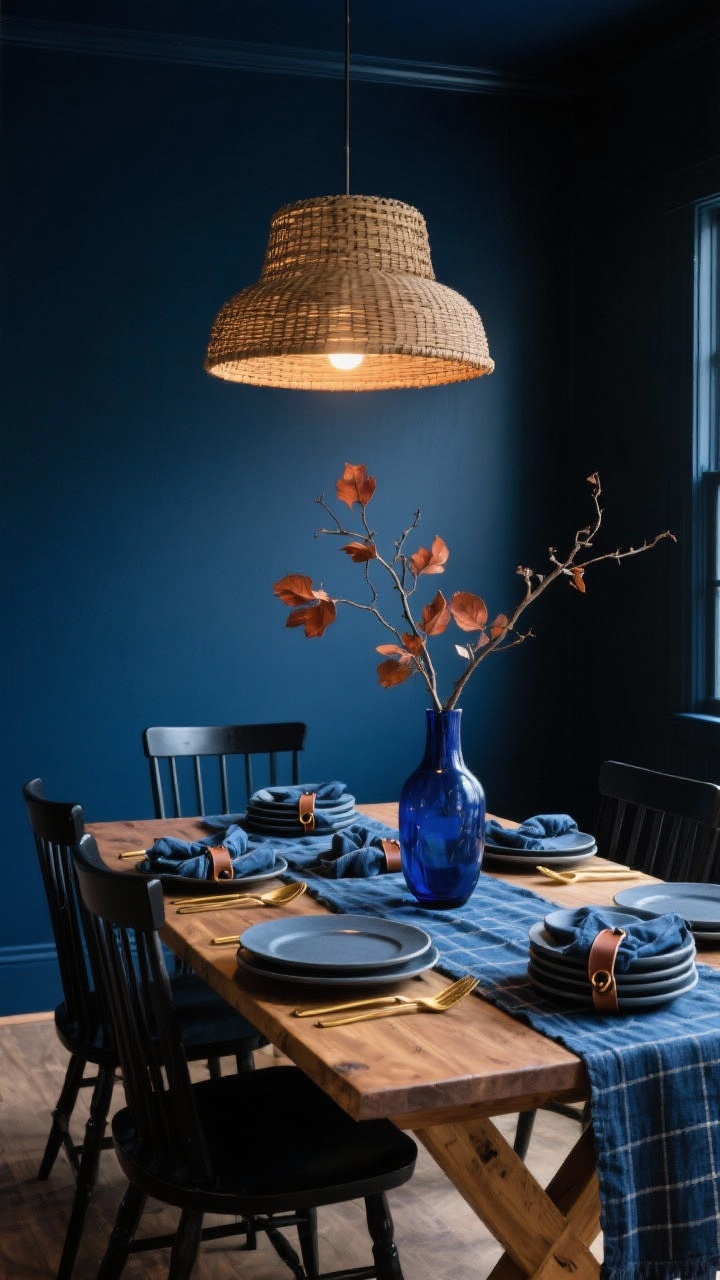 Medium shot, Midnight & Maple Dining Room: Dramatic dining space with midnight blue walls, a glowing maple trestle table, and black Windsor chairs. A denim-hued linen runner stretches across the table, set with stacked matte slate-blue stoneware plates and brass flatware. Overhead hangs a woven rattan pendant casting warm light, while a cobalt glass vase holds a branchy arrangement of russet leaves. Blue plaid napkins with leather rings complete the scene; palette of midnight blue, maple, matte black, denim, brass; moody evening ambiance; photorealistic.