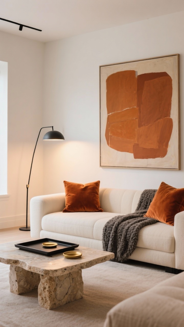 Medium shot, minimal modern living room: low-profile cream sectional with two amber velvet square pillows and two rust linen pillows, plus a single graphite boucle lumbar; slim black-metal floor lamp, travertine coffee table with a slim black tray and brass coasters; one oversized abstract art piece in warm ochres on a clean white wall; palette of cream, amber, rust, graphite; textures of velvet, linen, boucle, stone; soft evening ambient lighting with gentle highlights, photorealistic, no people.