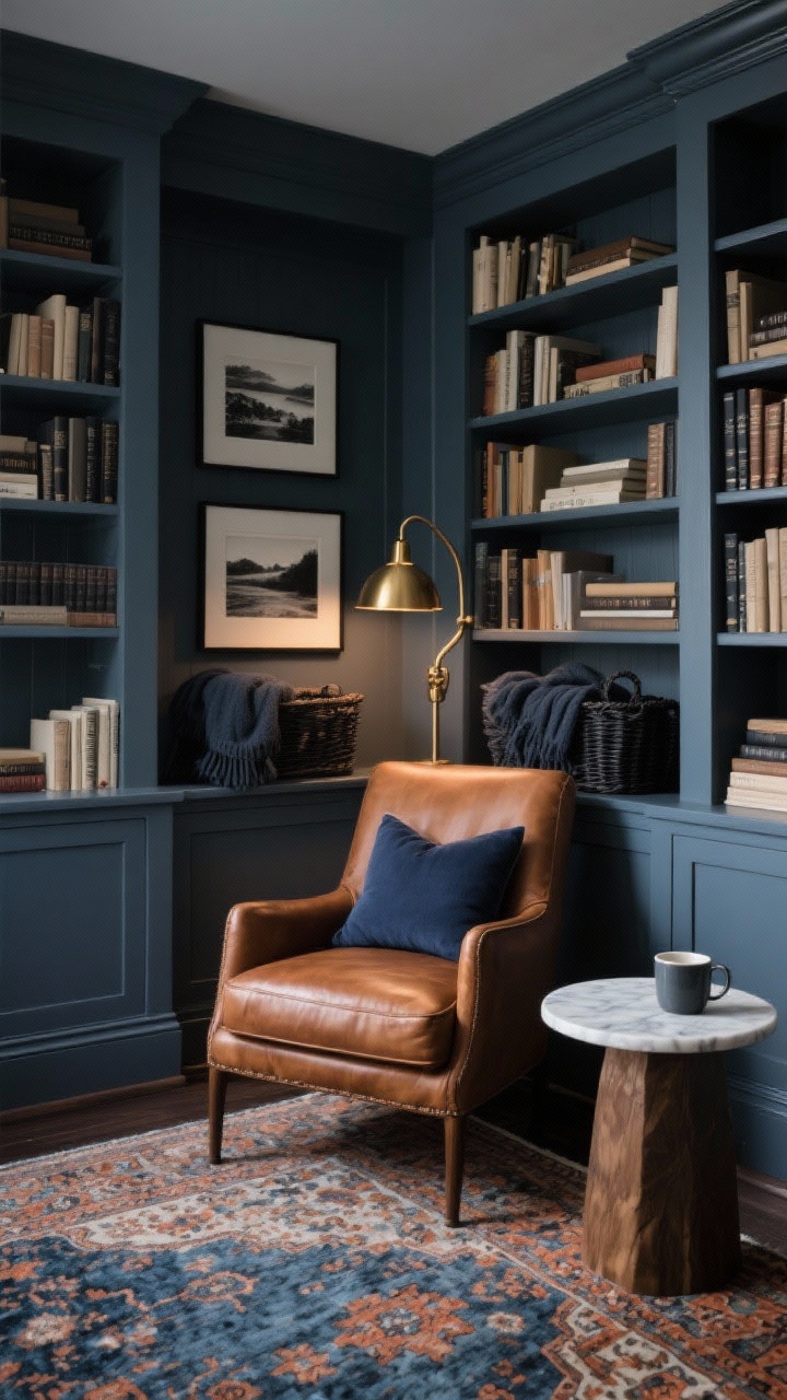 Medium shot, Moody Library With Slate & Smoke: A reading nook wrapped in slate blue built-in bookshelves, books jacketed in neutrals. A tobacco leather chair with a navy lumbar pillow sits atop a Persian-style rug with smoky blues and terracotta. A brass pharmacy lamp arcs over the chair, charcoal baskets hold throws by the shelves, and a small round marble-topped side table holds a mug. Framed black-and-white landscapes are layered on the shelves. Cozy, low, lamplight mood; photorealistic.