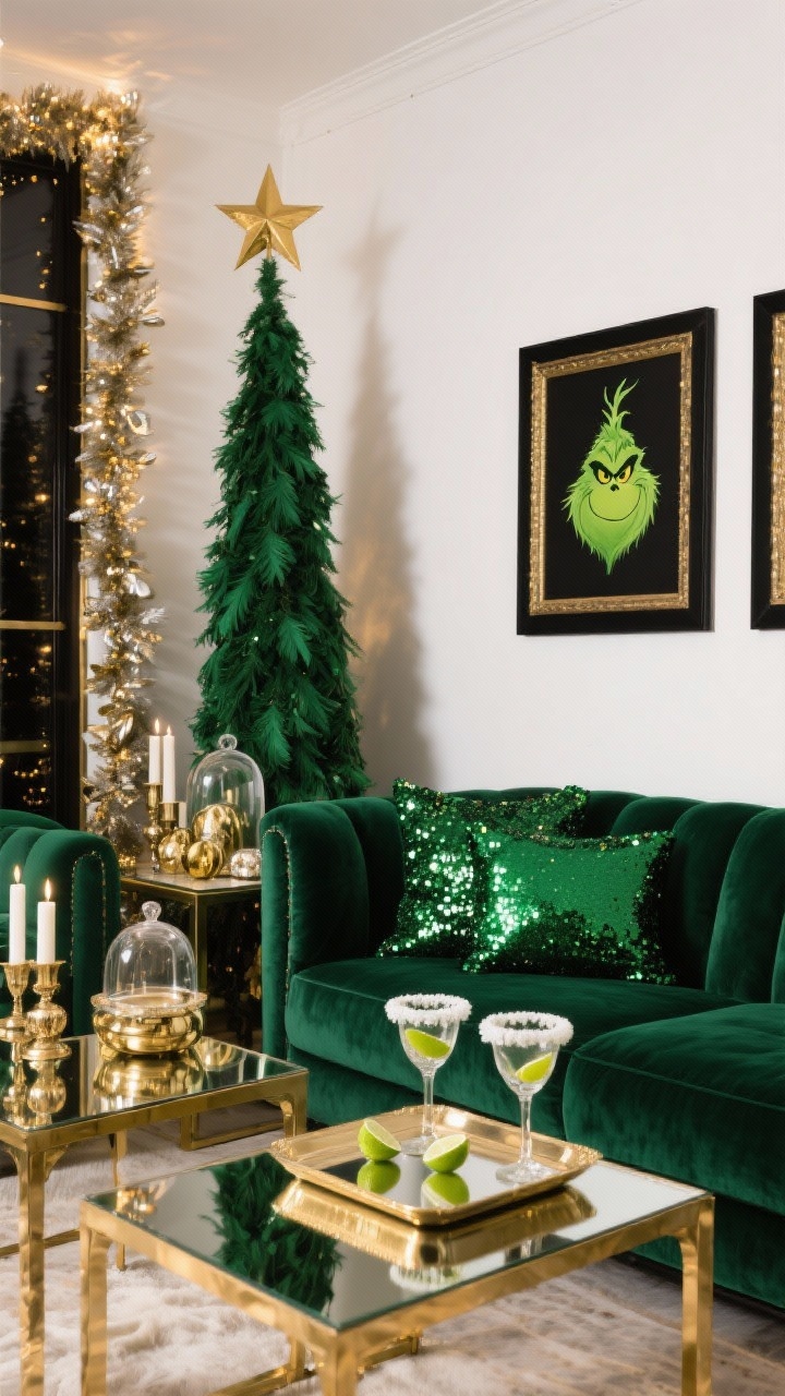 Medium shot of a glam lounge vignette: a deep emerald velvet sofa with sequin pillows, mirrored side tables, and abundant gold accents (frames, candleholders, metallic ornaments). A tall, narrow green feather tree topped with a gold star stands nearby under metallic garland and glass cloches. Minimalist Grinch art in chic black frames on a white wall to keep it stylish, not kitschy. A tray of coupe glasses with lime sugared rims on a mirrored table. Color palette: emerald, lime, white, gold. Evening mood with warm, reflective lighting.