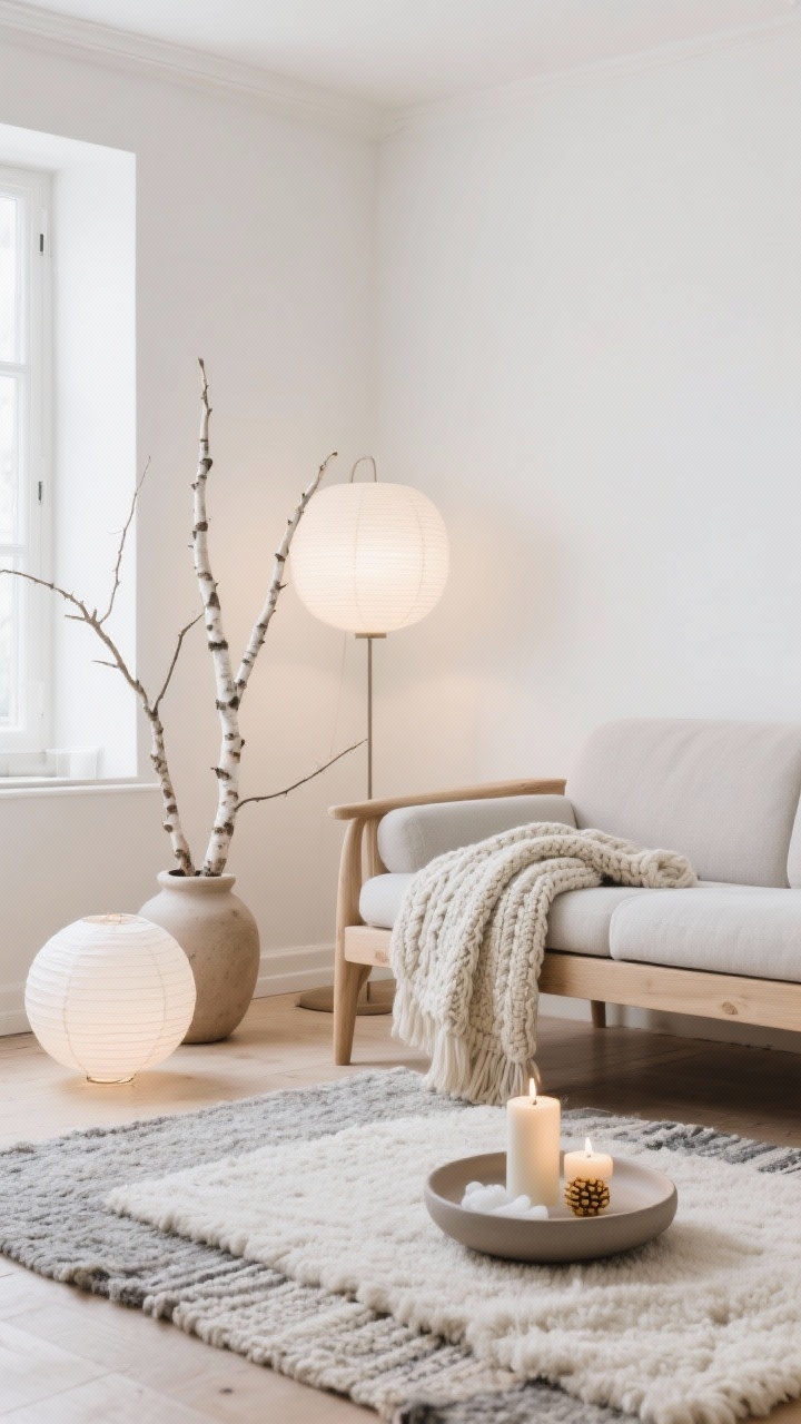 Medium shot of a Scandinavian hygge seating area: whitewashed walls, pale ash wood furniture, curved sofa with a chunky knit throw draped over the arm, layered rugs (cotton flatweave atop a plush wool base), paper lantern lamps softly glowing, birch branch decor in a ceramic vase, beeswax candles on a matte ceramic tray, palette cloud white, birch, fog gray, warm beige, natural light, cozy calm mood.