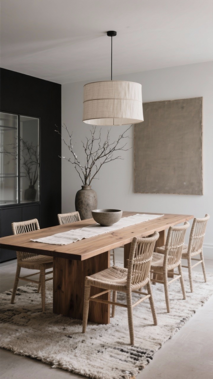 Medium shot — Quiet Craft Dining Room: Rectangular oak dining table with rounded edges, surrounded by paper cord chairs; tabletop holds a single stoneware bowl or a long minimal flax linen runner. Neutral wool rug anchors the scene; overhead large linen drum pendant casting soft light. A slim glass-front cabinet in the background styled with negative space; one oversized tonal canvas unframed on the wall; bare branches in a tall heavy vase as winter moment. Palette of oak, linen, stone, matte black; side-angle perspective.