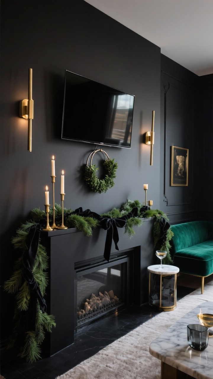 Medium shot, slight corner angle: A matte black razor-thin mantel with a flush-mounted TV like a glamorous black mirror; monochrome garland of deep green cedar threaded with black velvet ribbon; brushed brass candleholders at varying heights create warm pools of light; an off-center modern wreath on a metal ring with minimal greenery; two slim brass picture lights flanking the TV wash the wall; nearby a deep emerald velvet bench and a small marble side table with smoked glass accents; palette of black, brass, emerald, hint of champagne; sleek, evening cocktail-party mood.