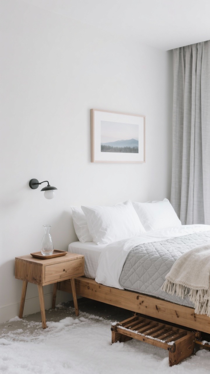 Medium shot — Snow-Dusted Guest Room: Simple wood platform bed with crisp white percale sheets and a pale gray quilted coverlet; wall-mounted bedside sconce freeing surface space. Nightstand holds a small tray with carafe and glass; a single framed muted landscape on the wall; soft wool throw at the foot of the bed. Oak luggage rack positioned neatly; blackout linen curtains for hotel-level sleep. Palette of white, soft gray, natural oak; calm winter light; corner-angle view.
