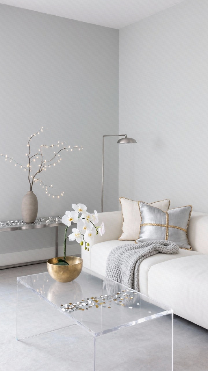 Medium shot, straight-on: A frosted metallic minimalist living room with soft dove gray walls, a low-profile white sectional, a slim brushed nickel floor lamp, and a clear acrylic coffee table; styling includes a silver knit throw, linen pillows with metallic piping, a single brass bowl filled with white orchids; delicate fairy lights draped across a minimalist branch arrangement in a matte ceramic vase; silver confetti runner on the console; cool, even daylight; palette of white, dove gray, silver, and subtle gold; textures of linen, acrylic, brushed metal.