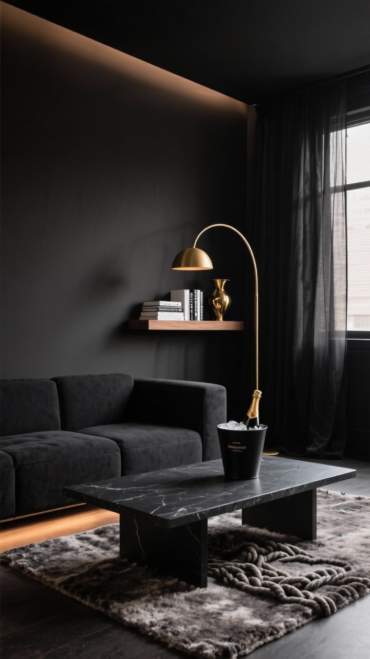 Medium shot, straight-on: A Modern Minimalist champagne den with matte black walls and a low-profile modular black sofa beneath a single brushed gold arc floor lamp; a slab-style black stone coffee table and a slim black oak floating shelf holding monochrome books and one sculptural gold vessel; champagne chilling in a matte black ice bucket; sheer black curtains frame the window; knotted wool rug underfoot; dimmable warm LED lighting for a soft, minimal glow; clean, uncluttered surfaces.
