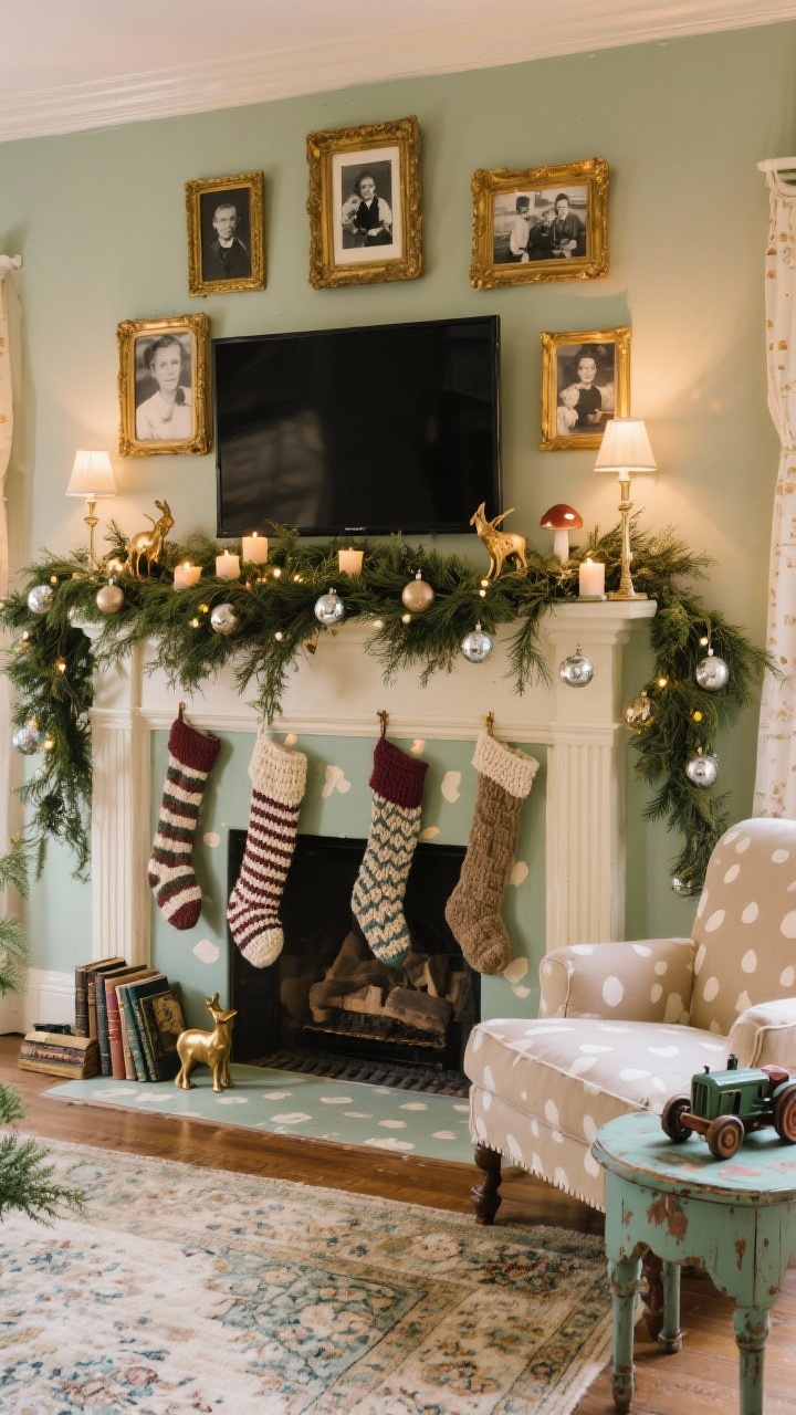 Medium shot, straight-on: A soft mushroom-painted mantel with gentle molding, TV surrounded by a salon mix of antique gold frames and black-and-white family photos; a slightly wild draped garland of juniper and rosemary dotted with mercury glass ornaments and tiny LED clip-on candle lights; mismatched crochet and ticking stripe stockings; small vintage books and little brass animal figurines tucked into the greenery; a faded Persian rug peeks into frame, with a slipcovered chair and a petite tractor-painted side table nearby; palette of mushroom, warm cream, sage, antique gold; cozy, collected charm with warm lamplight.