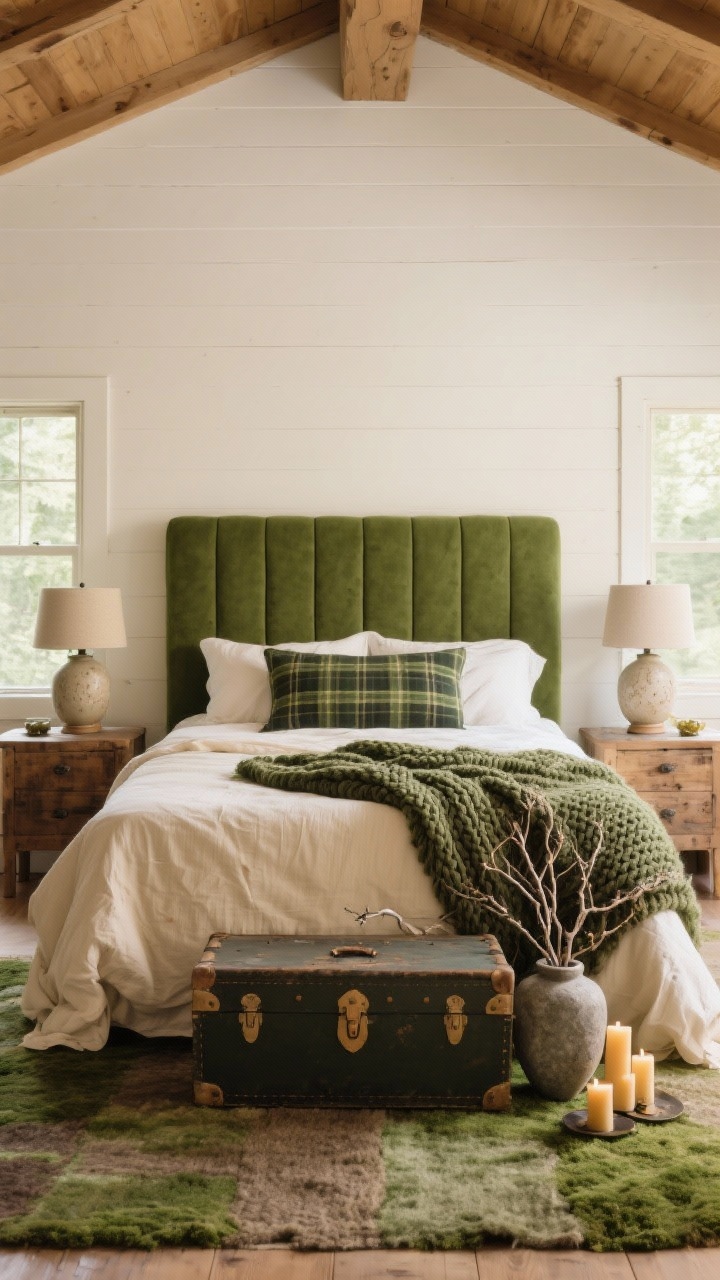 Medium shot, straight-on to bed: A mossy cabin bedroom featuring warm white walls and a moss green upholstered headboard. The bed is layered with cream linen sheets, a windowpane plaid duvet in forest tones, and a chunky knit throw. Weathered oak nightstands hold ceramic lamps in a soft putty glaze, while a wool rug in muted greens and taupe lies beneath. A vintage trunk sits at the foot of the bed; branches in a stone vase and beeswax taper candles add mood. Photorealistic, soft morning light with warm, textured coziness.