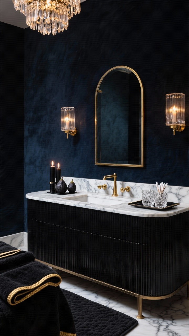Medium shot: Velvet Noir Glam Spa vanity wall with ink-black (or deep midnight blue) walls, a black fluted-front vanity topped with high-contrast veined marble, and polished/unlacquered brass fixtures. A pair of smoked-glass sconces provide a warm, candlelit effect; an oversized arched mirror reflects a dramatic chandelier. Textiles: thick black bath sheets with gold-edged trim over a plush memory-foam mat. Accessories: black fig candles, glossy trays, and cut crystal tumblers for cotton swabs. Moody, indulgent atmosphere, photorealistic.