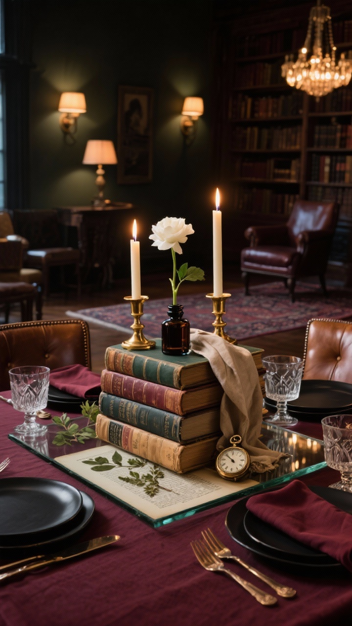 Medium shot: Vintage library candlelight centerpiece built from stacked antique books, topped with brass candlesticks, a small ink bottle vase holding a single white bloom, and a casually draped vintage pocket watch; pressed botanical pages beneath glass layered nearby; oxblood or forest linen napkins, matte black plates, etched glassware; leather-seated chairs and a moody rug in the background; dim sconces and a shaded chandelier creating warm, intimate candlelight; palette of deep jewel tones with warm brass; photorealistic, three-quarter angle.