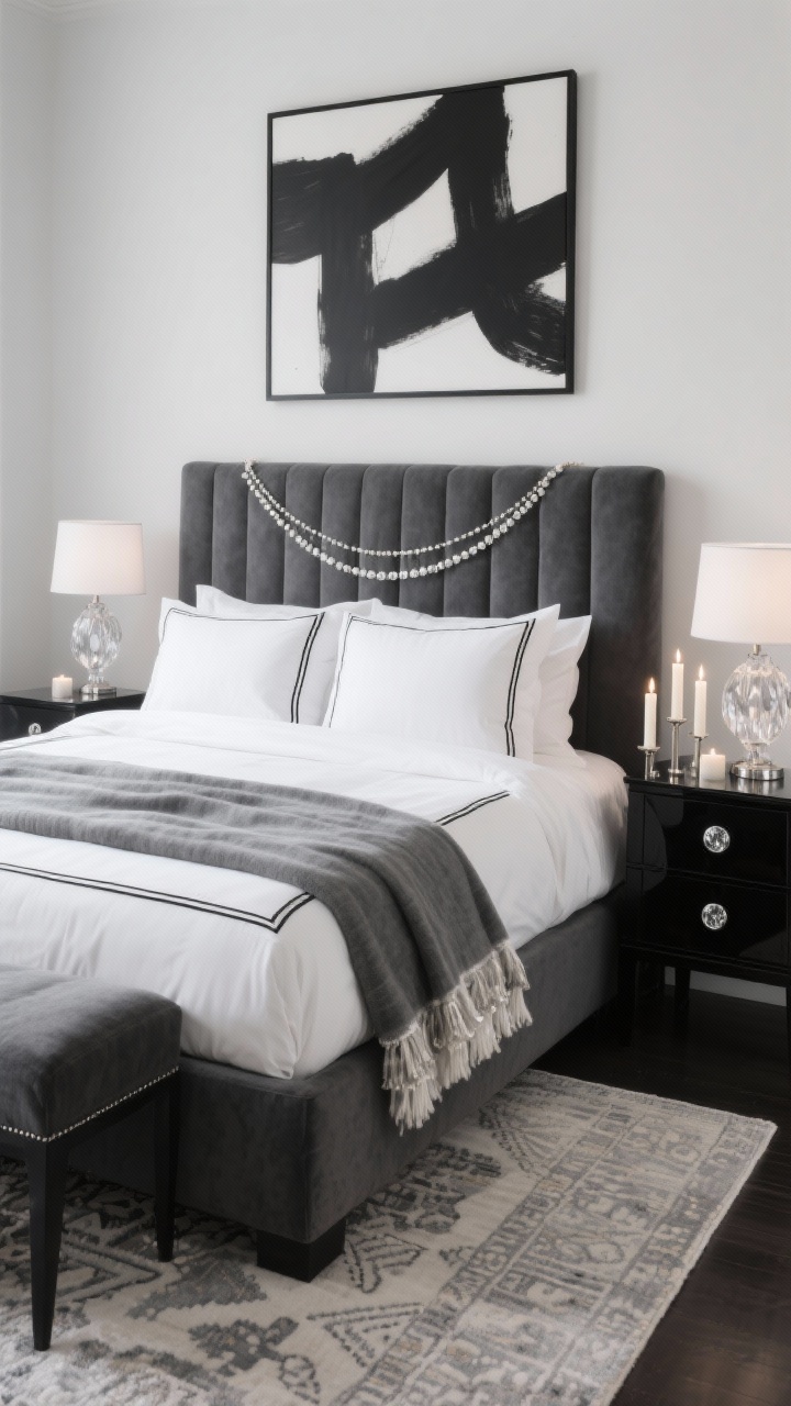 Medium, straight-on bed view: Luxe Monochrome bedroom retreat with a charcoal upholstered headboard, crisp white percale bedding with black piping, and layered throws in graphite and pearl. High-gloss black nightstands with crystal knobs; alabaster lamps casting a soft glow. Black-and-white abstract art above the bed, soft Moroccan-style rug underfoot. Delicate beaded garland draped across the headboard and a trio of unscented taper candles lit for a subtle celebratory touch. Palette of charcoal, white, graphite, silver. Photorealistic, hotel-level calm.