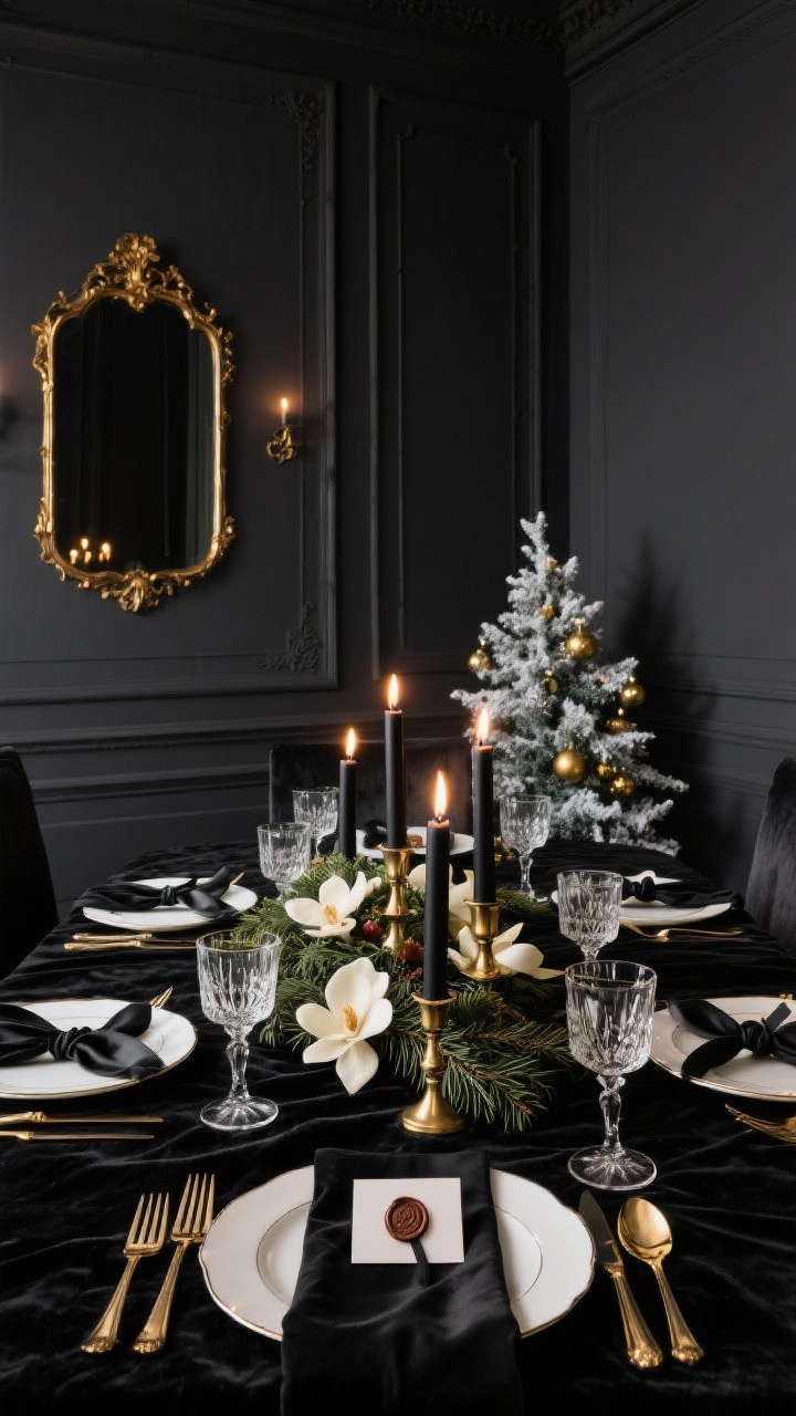 Medium, straight-on dining view, moody candlelit evening: Parisian Noir Dining Room with inky charcoal walls and a vintage gilt mirror reflecting warm candlelight. Table dressed with black velvet runners, bone china, cut-crystal stemware, and gold flatware that gleams like jewelry. Low centerpiece garland of cedar and magnolia leaves dotted with black taper candles in brass holders. In the corner, a petite flocked tree wearing only gold and glass ornaments. Place cards tied with black silk ribbon and wax seals at each setting. Palette charcoal, gold, glass, crisp white; textures velvet, crystal, gilt, satin.