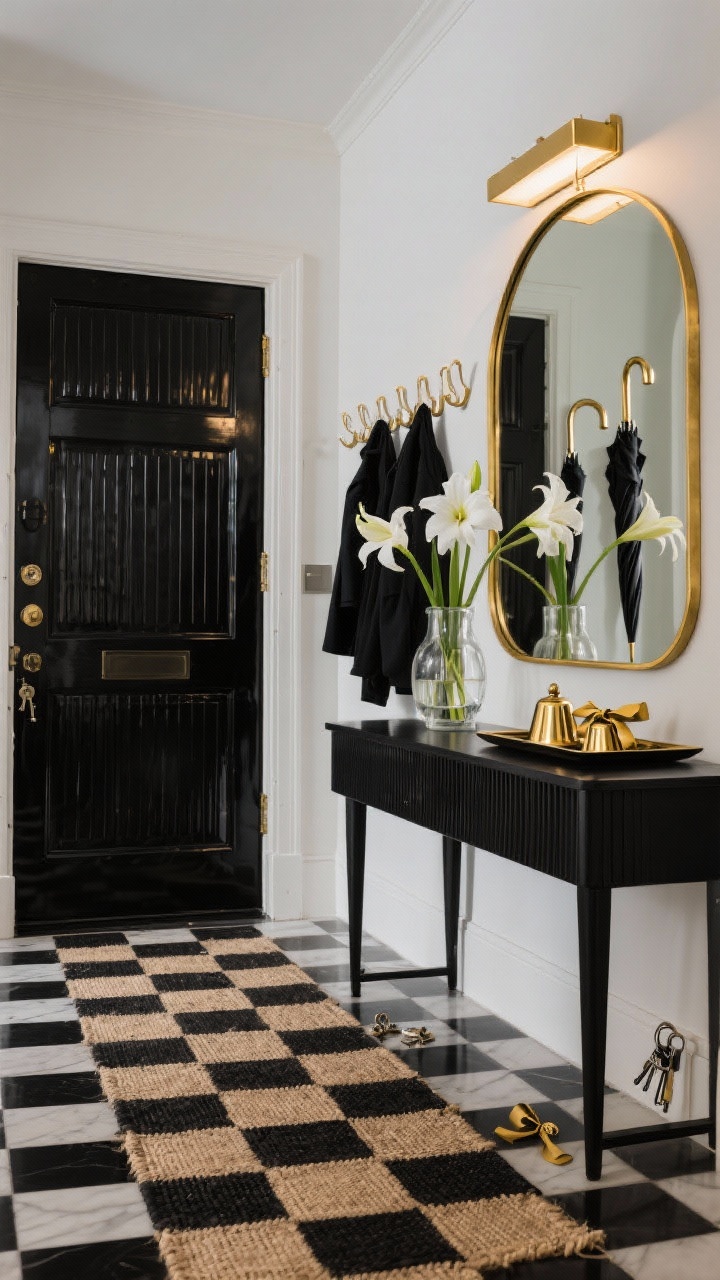 Medium, straight-on entryway: High-contrast black and gold foyer with a high-gloss black front door, ribbed black console, and a large arched gold mirror above. Jute-over-black checkerboard rug grounding the space. A narrow glass vase of white amaryllis on the console next to a tray of gold bells and ribboned keys. Row of pegs holding tailored black coats and metallic umbrellas. Brass picture light over the mirror adds warm focused illumination. Photorealistic, bold, inviting.