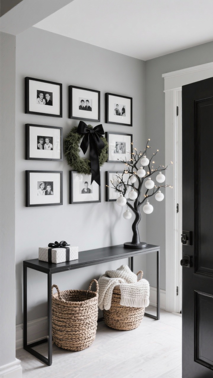 Medium, straight-on entryway: Modern Monochrome Entryway with soft dove gray walls and a sleek black console. Pre-lit sculptural tree wearing only white ornaments and matte black ribbon. Two oversized woven baskets under the console holding knit throws and gift wrap. Above, a precise grid of black frames with black-and-white family photos for graphic warmth. Single oversized wreath with a black silk bow on the wall or door. Palette black, white, dove gray; textures powder-coated metal, boucle, matte ceramics. Clean, minimal, softly lit.