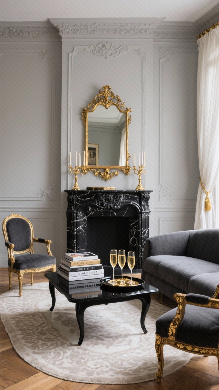 Medium, straight-on salon scene: Parisian black and gold salon with black-painted molding against greige walls; an ornate gilded mirror over a black marble mantel; a French-style settee in charcoal linen and cabriole-leg side chairs with gold leaf accents; a black parquet coffee table topped with a stack of fashion books and a gold candelabra; sheer ivory curtains with gold tiebacks and a soft patterned rug ground the room; serve bubbly in gold-rimmed flutes on a black lacquer tray; palette of greige, charcoal, antique gold, and ivory with classic elegance.