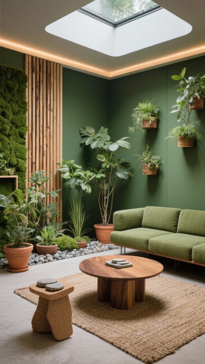 Medium-wide biophilic lounge: eucalyptus green walls with a vertical slatted oak panel feature. Moss-colored modular sofa, round oak coffee table, natural fiber rug. Clustered plants at varied heights with pebble trays forming a mini indoor landscape; wall-mounted planters add height without clutter. Materials include terracotta pots, a cork side table, stone coasters. Tunable LEDs in a recessed cove creating a skylight effect.