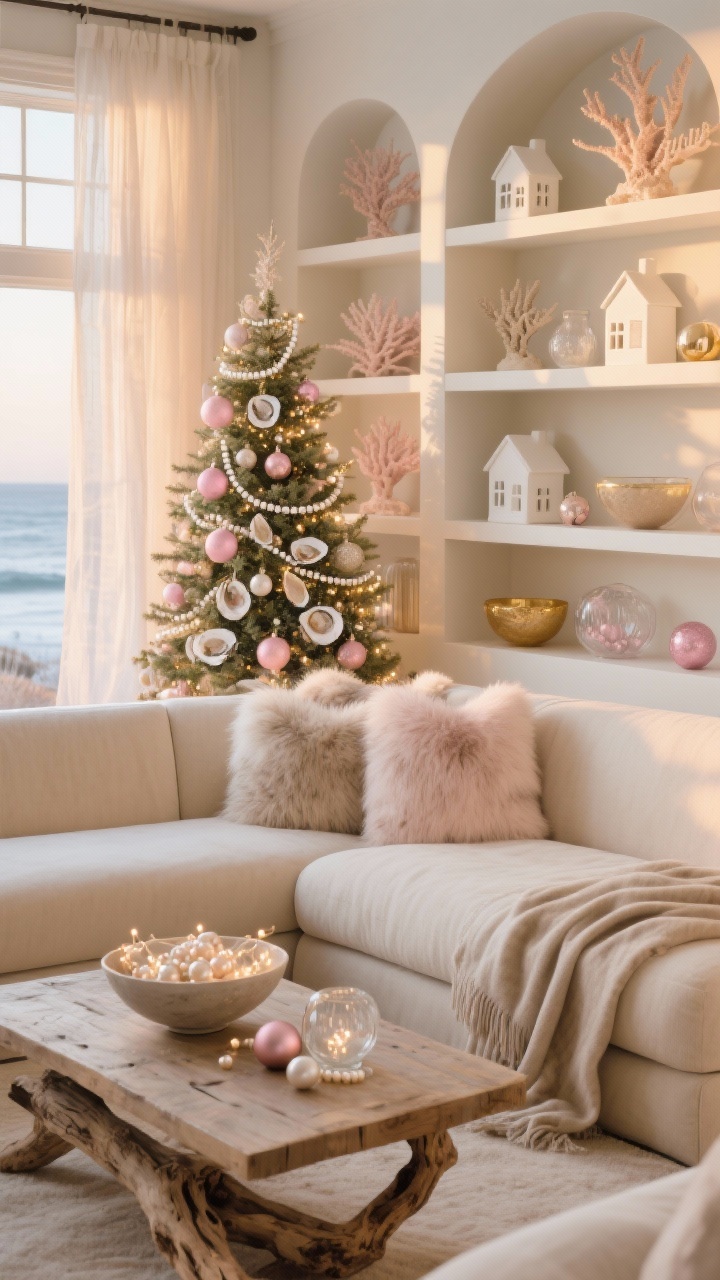 Medium-wide coastal lounge at golden hour: Champagne-colored sectional with faux-fur pillows and a cashmere throw, driftwood coffee table, and gauzy sheers filtering winter light. Christmas tree glowing with oyster shells, pearl garlands, and blush glass ornaments. Built-in shelves styled with coral sculptures, white ceramic houses, and bowls of glass baubles in sand, blush, and soft gold. A bowl of fairy lights and pearls rests on the console. Palette champagne, blush, pearl, soft taupe; textures faux fur, glass, linen, driftwood. Soft shimmering atmosphere.