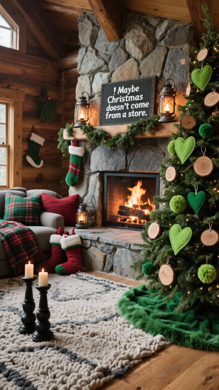 Medium-wide, corner angle of a cozy lodge living room centered on a stone fireplace and crackling fire, with plaid throws, a chunky knit rug, and matte black candle holders. A Christmas tree dressed in wood-slice ornaments, green felt hearts, and wool pom garland. The mantle features vintage lanterns and Grinch quote signs reading “Maybe Christmas doesn’t come from a store.” Add plaid pillows, knit stockings, and a faux-fur tree skirt in Grinch green. Color palette: forest green, lime, charcoal, cranberry. Warm fireside glow.