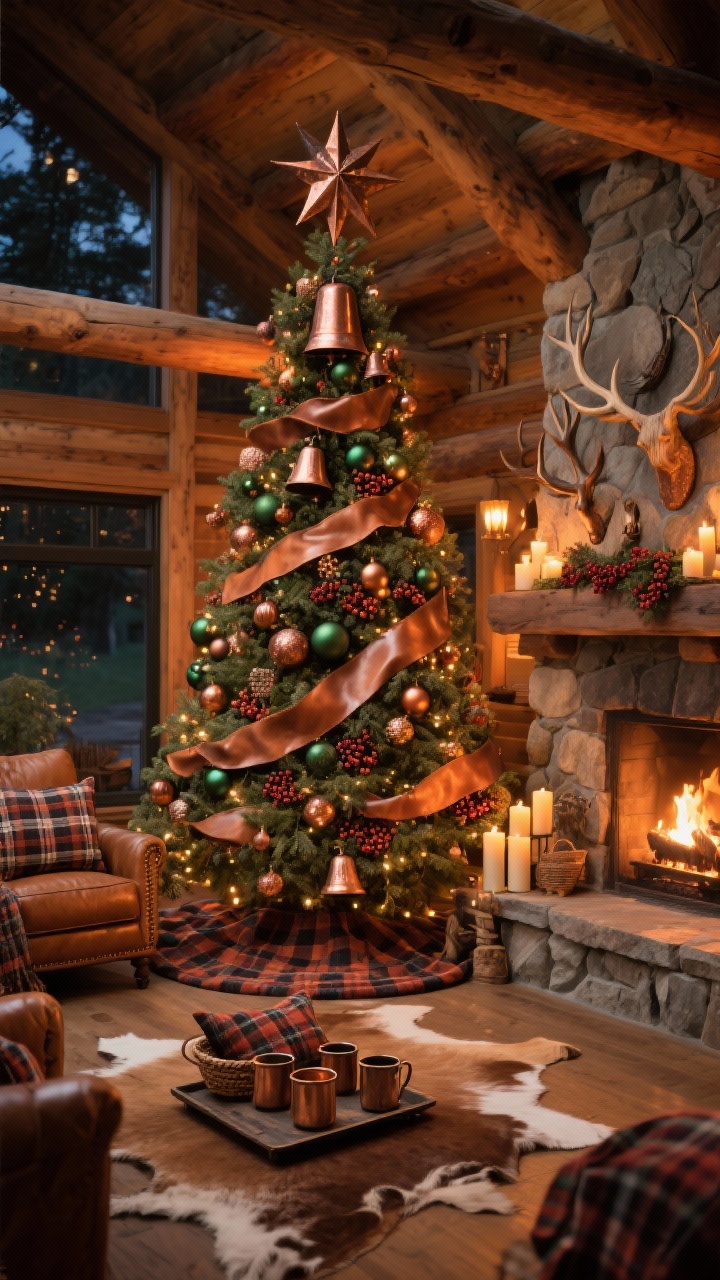 Medium-wide, Rustic Lodge With Copper Glow: a towering 9-foot tree adorned with copper and rust ornaments, matte forest green baubles, leather/suede ribbon in gentle swags, hammered metal bells, antler-inspired pieces, and berry clusters, illuminated by warm amber lights for a fireside glow. Space includes exposed beams, leather club chairs, plaid throws, and a stone fireplace with chunky candles. Faux hide or buffalo check tree skirt, hand-forged metal star or rustic bell cluster topper. Copper mugs on a tray and a basket of plaid-wrapped pillows nearby. Cozy, amber-lit evening scene from a corner angle.