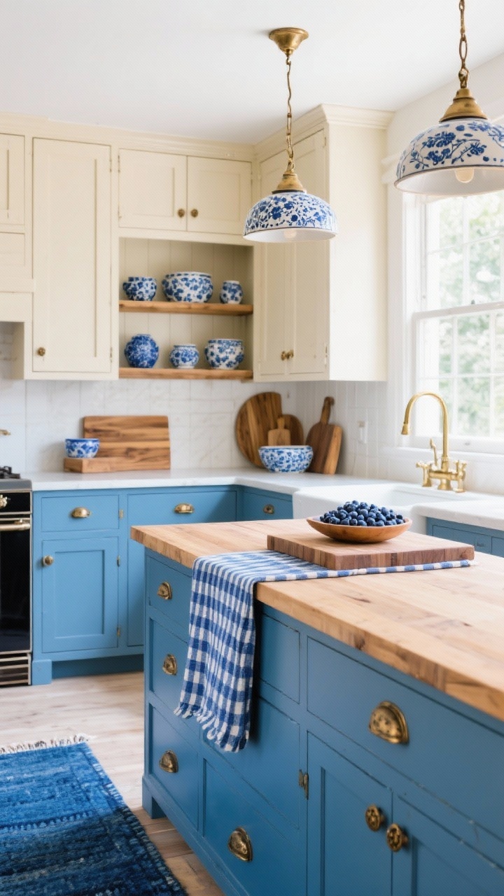 Medium/wide shot, Blueberry Farmhouse Kitchen: Lower blue shaker cabinets with aged brass hardware contrast creamy upper cabinets and ceramic pendants. A butcher-block island centers the room. Open shelves display speckled blue stoneware, wood boards, and a bowl of fresh blueberries. A blue gingham runner and striped hand towels add subtle pattern, with a vintage-style blue rug in front of the sink. Palette of blueberry, cream, brass, natural wood; bright, clean daytime lighting; photorealistic.