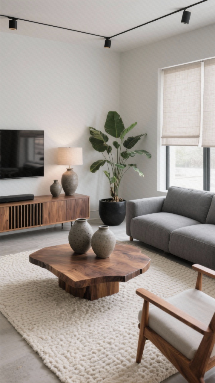Medium-wide shot, photorealistic: Organic modern living room with a graphite grey sectional paired with warm walnut furniture—a solid slab walnut coffee table, a media console with vertical slats, and a wood-framed lounge chair; cream micro-pattern rug grounding the space; oversized stoneware vases on the coffee table and console; a leafy plant in a black planter; low-profile lighting with linen shades; palette of grey, walnut brown, cream, and black; soft, diffused daylight, corner perspective.