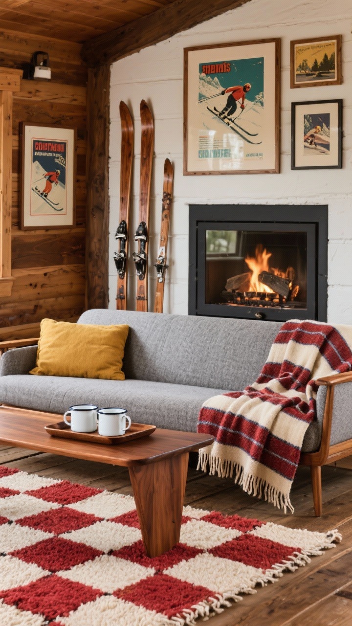 Medium-wide, vintage ski lodge nostalgia: fireplace wall with leaning old wooden skis and framed vintage ski posters, mid-century style sofa in heather gray, bold striped camp blanket draped over the arm, checkerboard wool rug, enamel mugs on a wooden tray atop a walnut side table, palette heather gray, cherry red, mustard, cream, finishes oiled walnut, enamel gloss, cozy retro warmth.