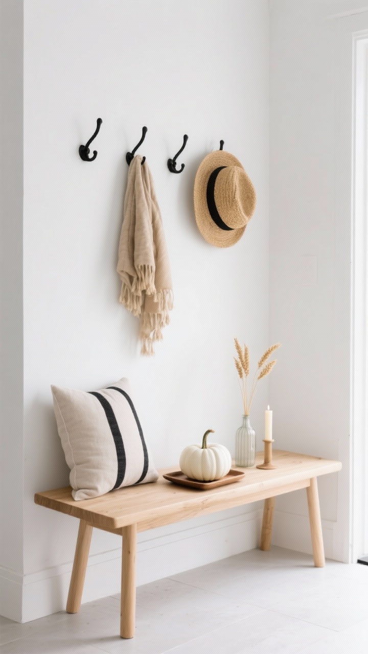 Minimal entry bench detail, straight-on medium: Scandinavian simplicity with a blonde wood bench against white walls and black wall hooks. Hanging wheat-colored scarf and straw hat establish palette. On the bench: a neutral lumbar pillow with a thin black stripe; a tiny tray holding a single white pumpkin, a petite bud vase, and one taper candle. Colors: white, blonde wood, black, wheat. Soft diffused daylight, clean and airy, photorealistic.