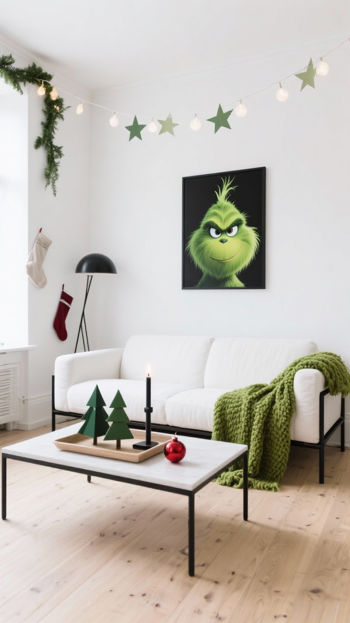 Minimalist, straight-on wide shot of a Scandi-meets-Grinch studio: bleached wood floors, white sofa, black metal accents, and a single striking Grinch element—an oversized modern art print of the Grinch’s eyes on a white wall. On a simple coffee table, a styled tray with geometric trees in matte green, a black candle, and a single red ornament. Simple greenery garland, paper star lights, and linen stockings as restrained accents. Add a lime boucle throw for texture. Color palette: white, black, lime, natural wood. Soft natural daylight.