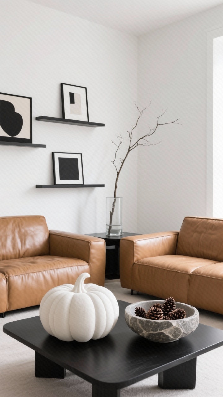 Modern minimal living room, wide shot from corner: warm white walls, camel leather sofa, black accents. Coffee table styled with a single oversized sculptural white pumpkin (matte, lightly sanded foam) beside a stone-look bowl of pinecones. Floating shelves with asymmetrical black frames, abstract art, and one tall branch in a clear cylinder vase. Negative space emphasized. Colors: white, camel, black, stone. Bright but soft natural light, photorealistic.