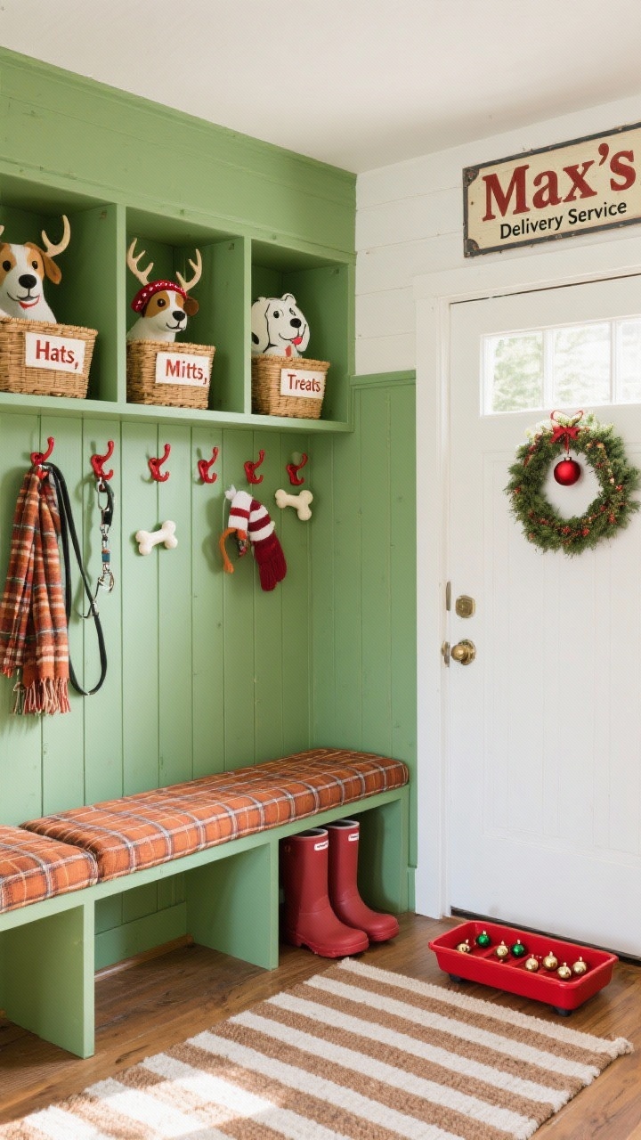 Mudroom medium shot, straight-on cubby wall: built-ins painted pine green with bold red hardware; bone-shaped hooks holding leashes and scarves; stripey indoor-outdoor rug on the floor; bench cushion in warm plaid; shelf above cubbies with whimsical dog portraits, tiny antler headbands, and a “Max’s Delivery Service” sign; labeled baskets reading “Hats,” “Mitts,” and “Treats”; door decorated with a mini wreath featuring a single red ornament; red boot tray with jingle bell edging; bright, practical daylight; photorealistic