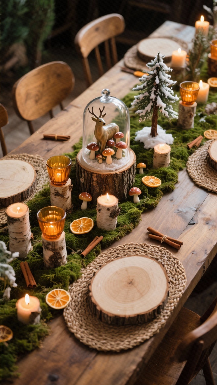 Overhead detail: A woodland storybook table with a moss runner; mini glass cloches covering vignettes—a ceramic stag, a cluster of mushrooms, a tiny twig tree dusted with faux snow—arranged on birch slice risers of varied heights; amber glass tea lights scattered among dried orange slices and cinnamon sticks; mixed wood chairs and woven placemats partially visible at the edges; warm, intimate candlelight; colors of earthy browns, mossy greens, touches of amber; photorealistic, top-down.