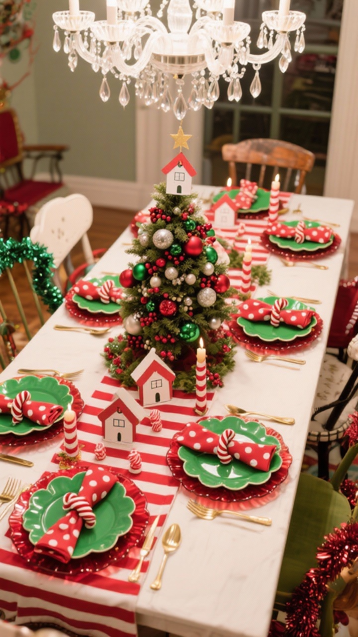 Overhead detail shot of a maximalist Whoville dining table set: a red-and-white striped runner, stacked place settings with green scalloped plates over red glass chargers, and polka-dot napkins cinched by curly-cue napkin rings. Centerpiece is a slightly topsy-turvy mini tree overflowing with baubles and berries. Include striped candles, candy garlands weaving through, and mismatched chairs partially visible at the edges. Place cards shaped like little Who houses at each setting. Color palette: cherry red, lime, white, gold. Sparkling ambient chandelier light.