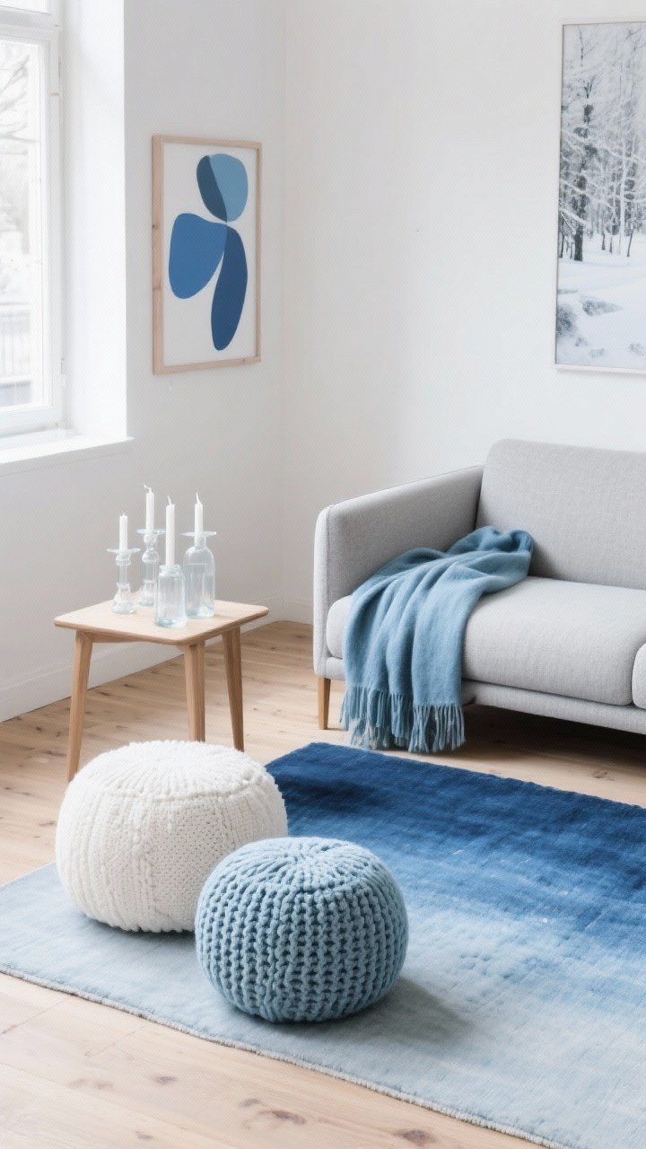 Overhead detail shot of a Nordic palette: pale oak floor with a blue ombré rug, slim-profile pebble gray sofa edge visible with icy blue textiles draped over the arm, knit poufs in soft white and ice blue, frosted-glass candleholders clustered on a minimalist oak side table, abstract winter art in blue and graphite glimpsed on white wall edge, finishes light wood and frosted sheen, crisp natural light.