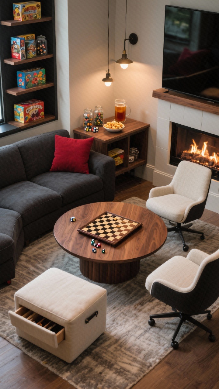 Overhead detail shot of fireside game night nook: round walnut wood coffee table centered with a checkers board tray mid-game, U-shaped seating edges visible (deep sectional and two swivel chairs in performance fabric, charcoal and cream), lidded ottoman for storage nearby, built-in game shelves with board game boxes and glass jars of dice, pendant task lights illuminating a side console with snacks and hot cider, palette charcoal, walnut, cream, berry red, warm soft lighting.
