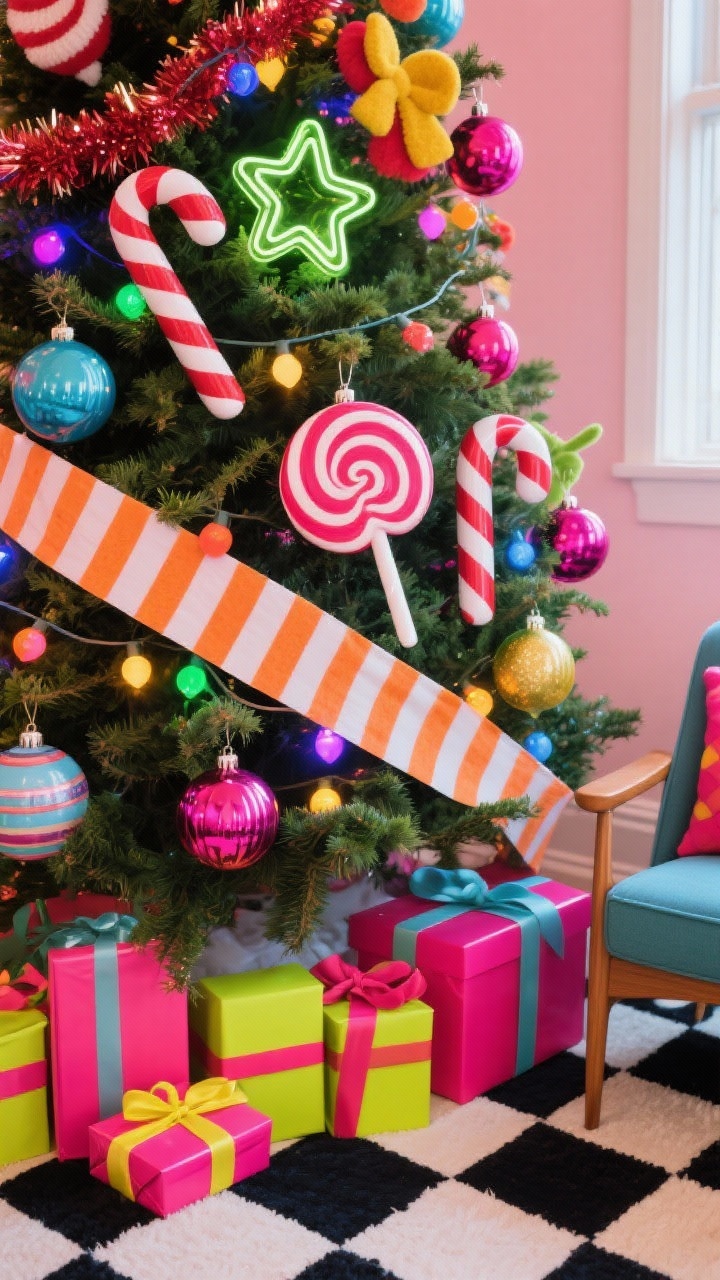 Overhead detail shot, Retro Candy-Shop Pop: festive cluster on the tree—striped candy canes, oversized lollipop ornaments, neon acrylic shapes, felt garlands, and a bold striped ribbon wrapped diagonally across branches lit by multicolor LED lights. Presents in glossy brights with contrasting ribbons visible below. Hints of a checkerboard rug and mid-century armchair edges frame the scene. Punchy, saturated colors, playful mood, crisp photorealism.