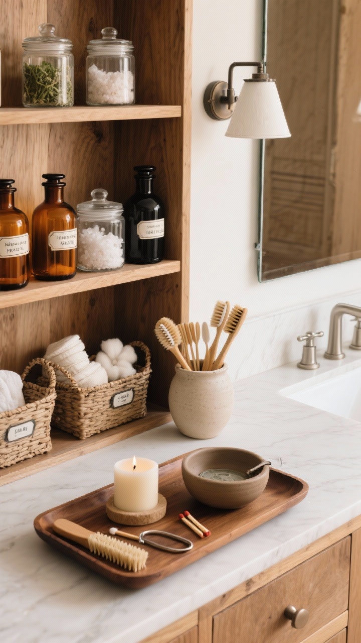 Overhead detail shot: Winter Apothecary Retreat open oak shelving and shaker vanity counter styled with amber apothecary bottles labeled for bath salts, oils, and herbs. Lidded jars for cotton, bamboo brushes in a ceramic pot, and neatly labeled baskets for spa tools. A banker’s sconce and pivot mirror edge visible, brushed nickel faucet below. Palette of warm neutrals, amber, soft black, and linen white. Include a teak tray with a dry brush, clay mask bowl, candle snuffer, and matches. Timeless, organized wellness vibe, photorealistic.