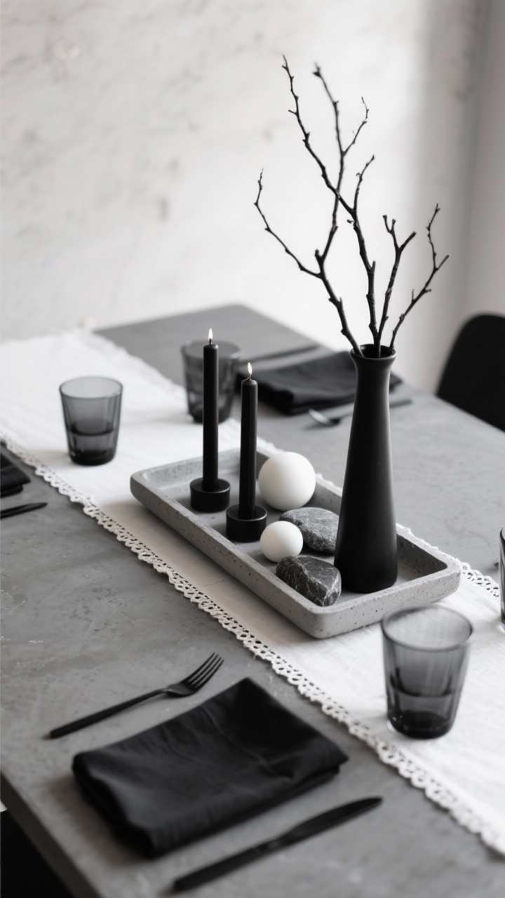 Photorealistic closeup detail of a minimalist monochrome centerpiece on a gray concrete table: a slim concrete tray holding matte black taper holders with inky black candles, a few white ceramic orbs, charcoal river stones, and a single narrow vase with bare black-twig branches; crisp white runner beneath, black hemstitch napkins folded nearby; smoked glass water glasses and black flatware just in frame. Black, charcoal, white, and matte stone palette with soft, moody daylight, overhead-leaning angle.
